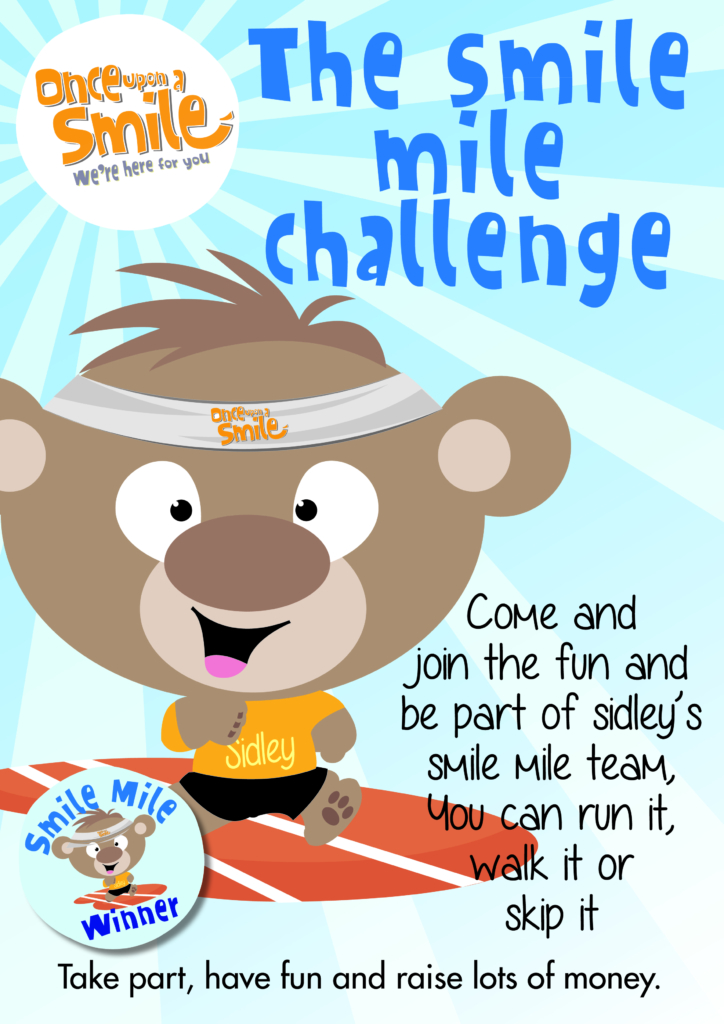 Sidley the bear on a running track with OUAS logo and invitation text to join Smile Mile